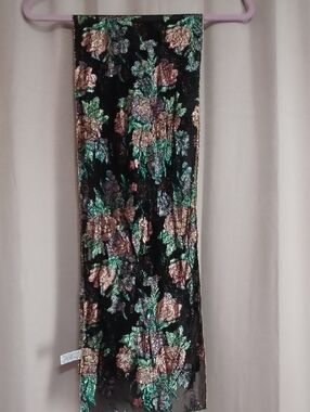 Black Metallic Floral Rosette Scarf Green Pink Gold 60×10